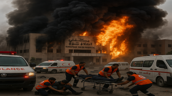 دخان يتصاعد من مستشفى غزة الأوروبي بعد قصف الاحتلال الإسرائيلي، وفرق إسعاف تنقذ جرحى المدنيين.