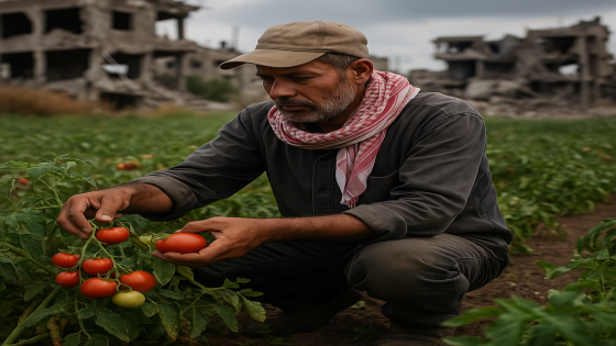 "مزارع فلسطيني في غزة يواصل حصاد محاصيله المحلية وسط دمار الحرب والإغلاق الكامل للمعابر."