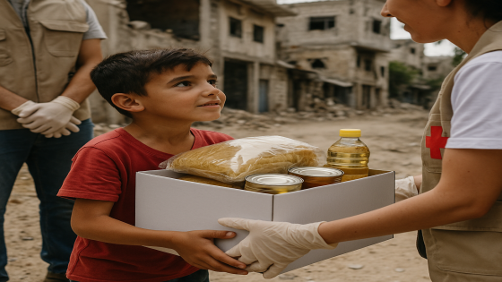 طفل فلسطيني يتسلم حزمة غذائية من متطوعين ضمن حملة إنسانية في غزة – تعبيرًا عن التضامن والدعم الإنساني.