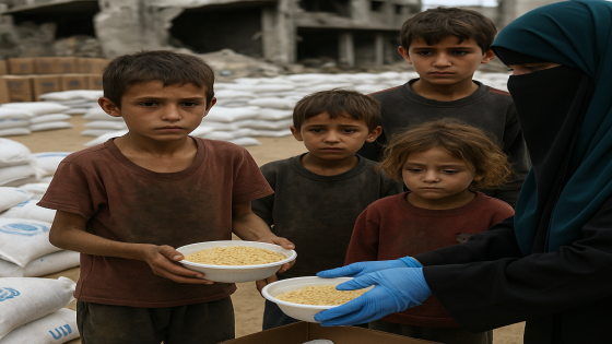 توزيع مساعدات غذائية في قطاع غزة وسط الحصار الإسرائيلي وتأثيره على السكان المدنيين.