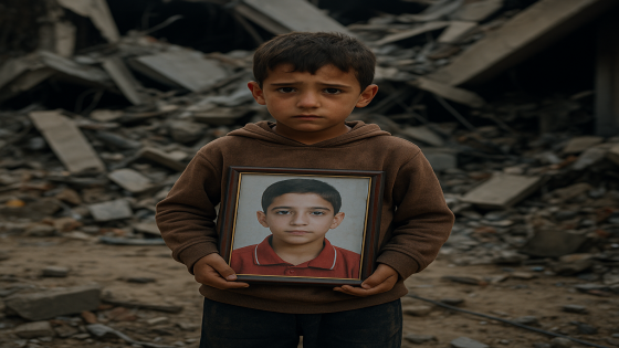 طفل فلسطيني يحمل صورة شقيقه الشهيد أمام أنقاض منزل مدمر في غزة – توثيق إنساني لأثر الحرب على الأطفال.